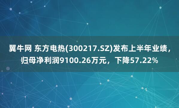 翼牛网 东方电热(300217.SZ)发布上半年业绩，归母净利润9100.26万元，下降57.22%